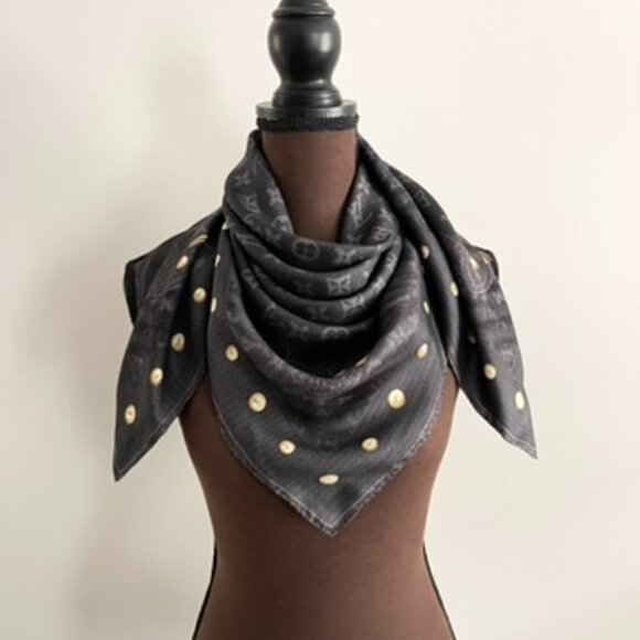 New Louis Vuitton Scarf Monogram Denim Blask Gray Square Silk Wrap - Picture 9 of 16